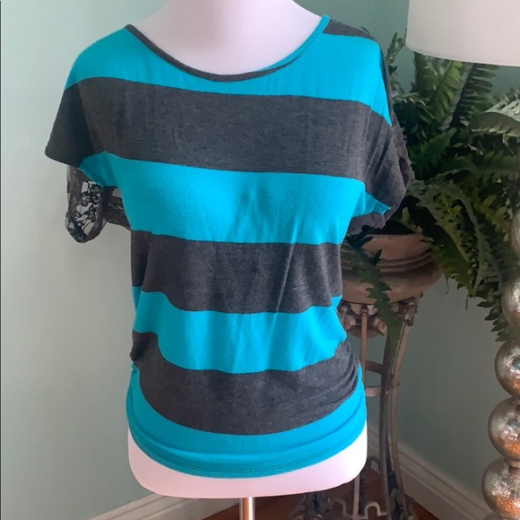 Tops - Gray and Turquoise Striped Juniors Top Lace Back